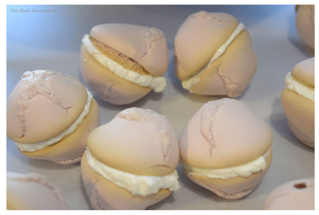 lavender volcano macarons filled with buttercream